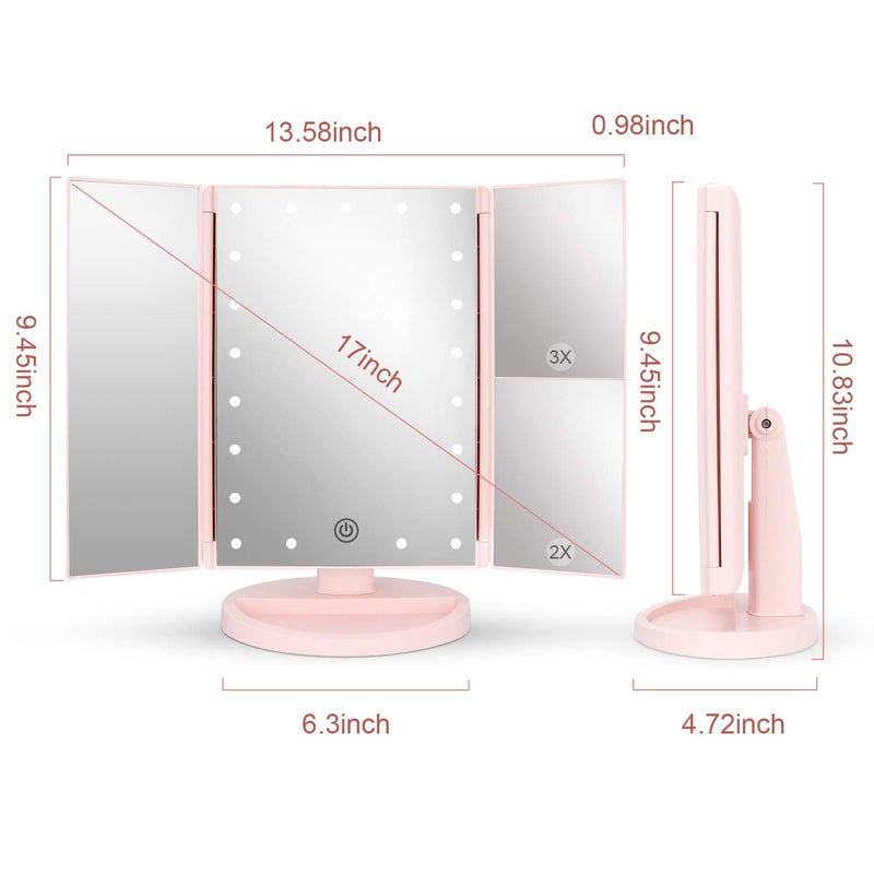 deweisn Tabletop Mount Tri-Fold Lighted Vanity Mirror with 21 LED Lights, Touch Screen and 3X/2X/1X Magnification, Two Power Supply Modes Make Up Mirror,Travel Mirror - Image 3
